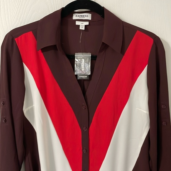 Express NWT Semi Sheer Chevron Pattern Red/White/Burgundy Button Down Size Small - Picture 5 of 8